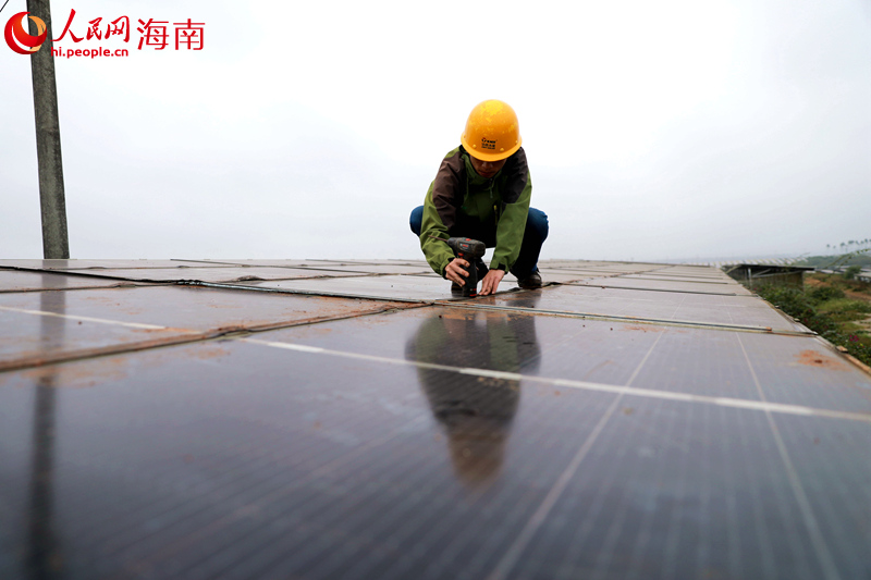 工人对太阳能发电板进行检修。 人民网孟凡盛摄