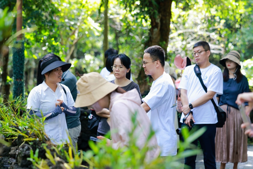 采风团成员听讲解员介绍石斛的种植过程。海口市委网信办供图