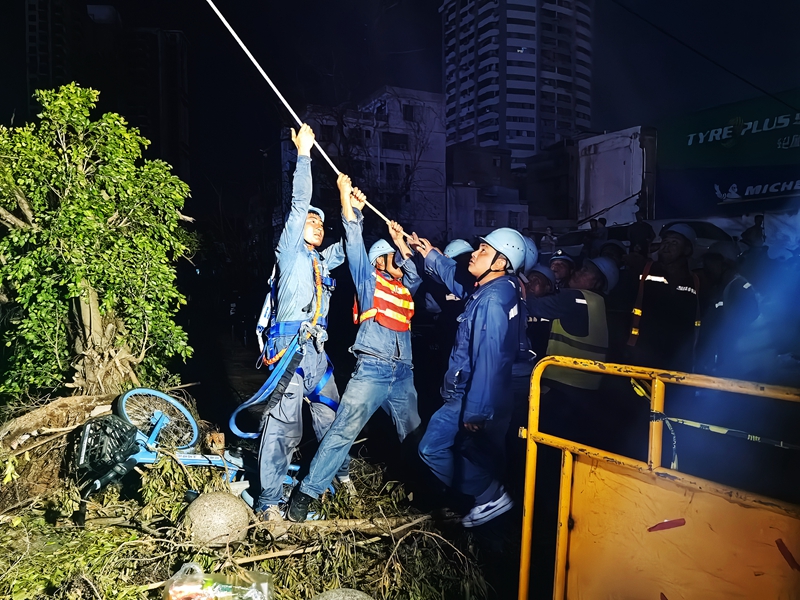 9月9日晚，南方电网广东天河供电局援琼抢修队伍在海口市琼山区高铁东站周边连夜开展抢修复电作业。（容语霞 刘振北） 