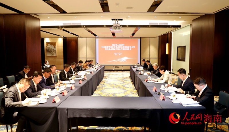 南京市人民政府与中共海南省委自由贸易港工作委员会办公室深化重点领域开放合作签约座谈会现场。人民网记者 符武平摄