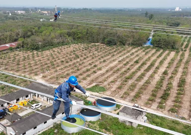 海南电网公司输电分公司员工对海南500千伏主网架工程昌核二期接入系统工程输电线路开展巡检工作。符永新摄