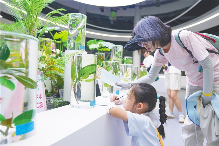 在海南东寨港国家级自然保护区科普馆，家长带孩子认识植物。海南日报全媒体记者 李天平 摄