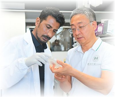 穆罕默德·萨比尔（左）和高学文在观察培养皿上的芽孢杆菌。